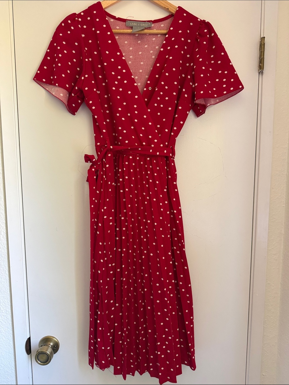 Lark + Grey Red Polka Dot Wrap Midi Dress